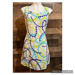 Vintage 90’s Retro Green Purple Pink Polka Dot White Casual Sun Dress Medium